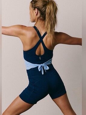 FREE PEOPLE Front Runner Runsie in Midnight Navy Combo Sz XS NWT $98
